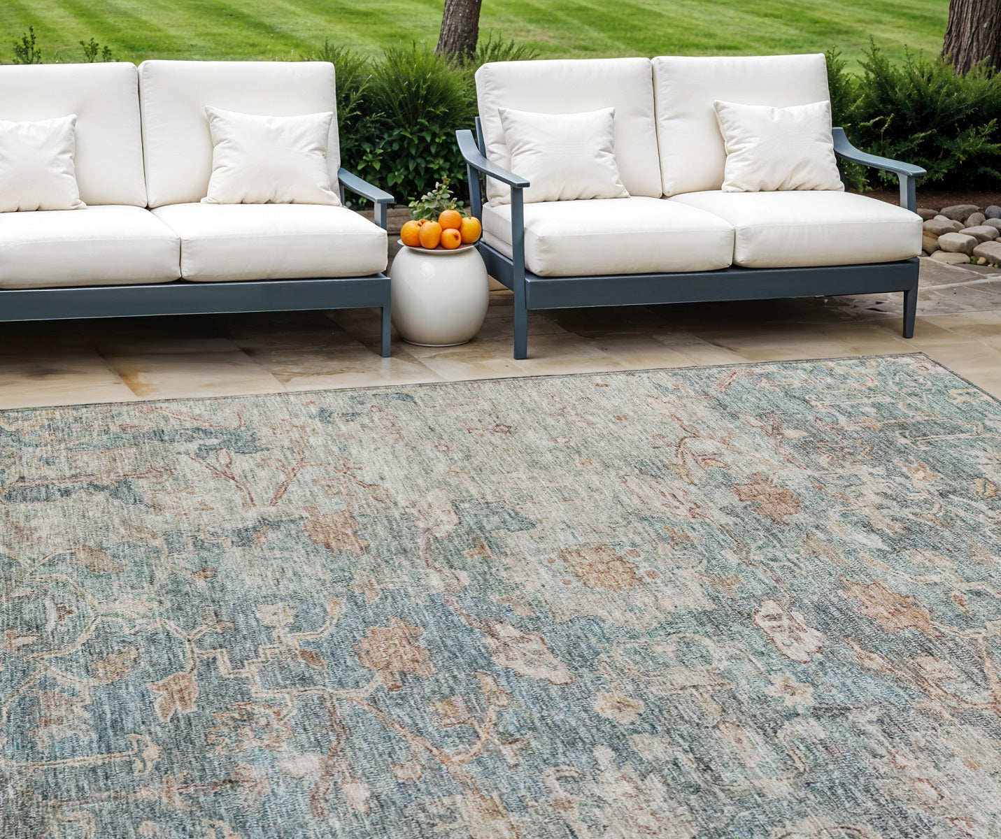 9' X 12' Green Blue And Gray Oriental Washable Indoor Outdoor Area Rug