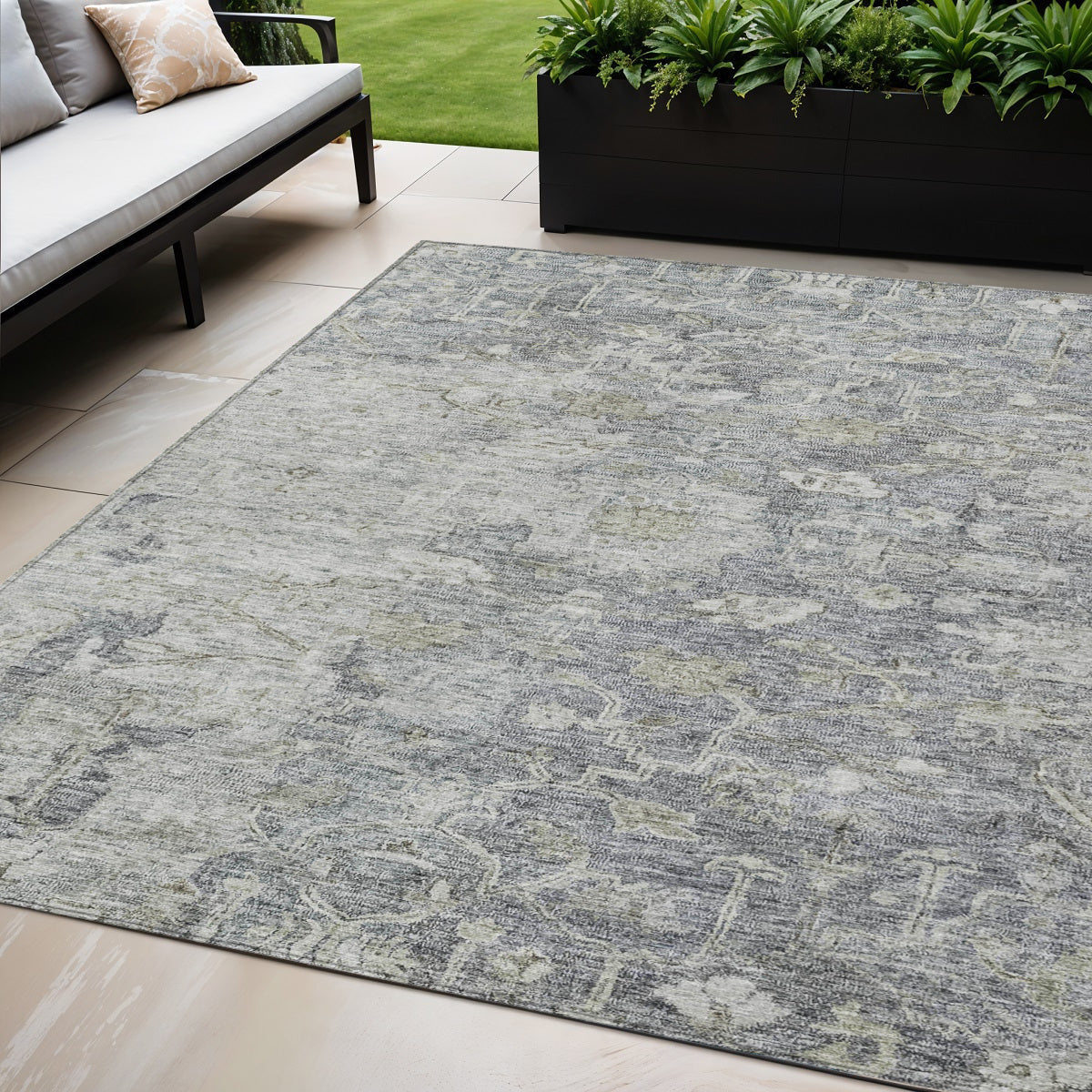 5' X 8' Gray Beige And Charcoal Oriental Washable Indoor Outdoor Area Rug