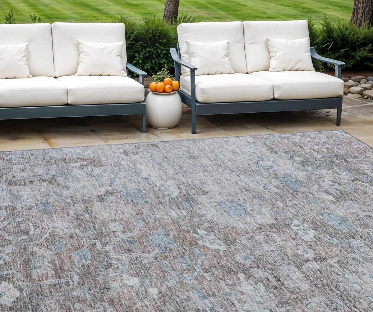 9' X 12' Brown And Blue Oriental Washable Indoor Outdoor Area Rug