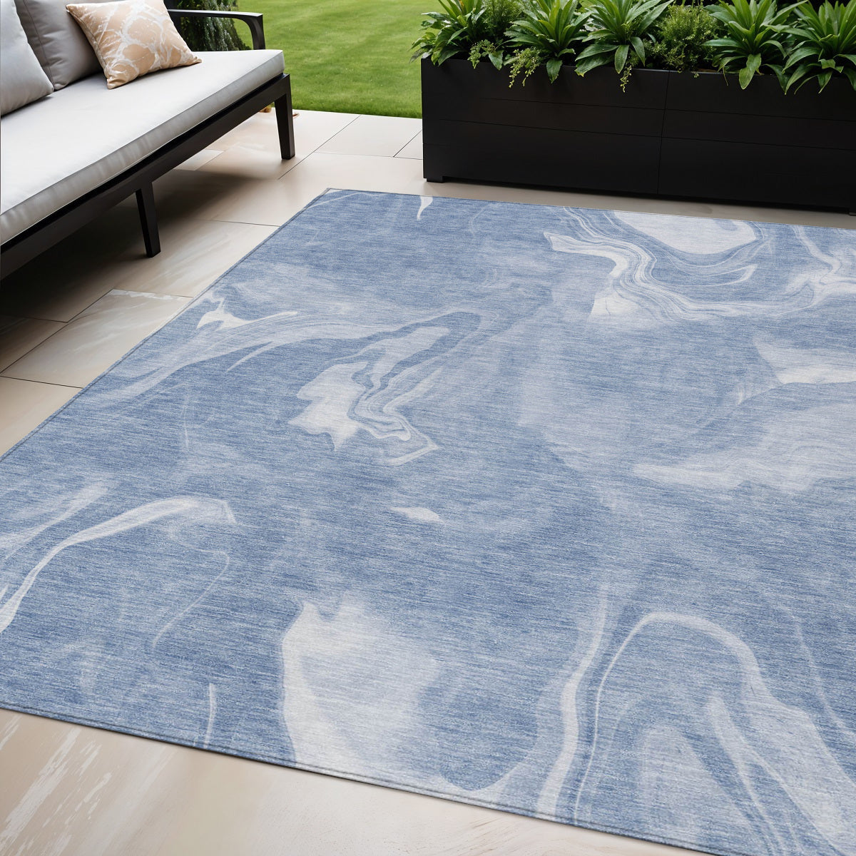 5' X 8' Blue And Sky Blue Abstract Washable Indoor Outdoor Area Rug