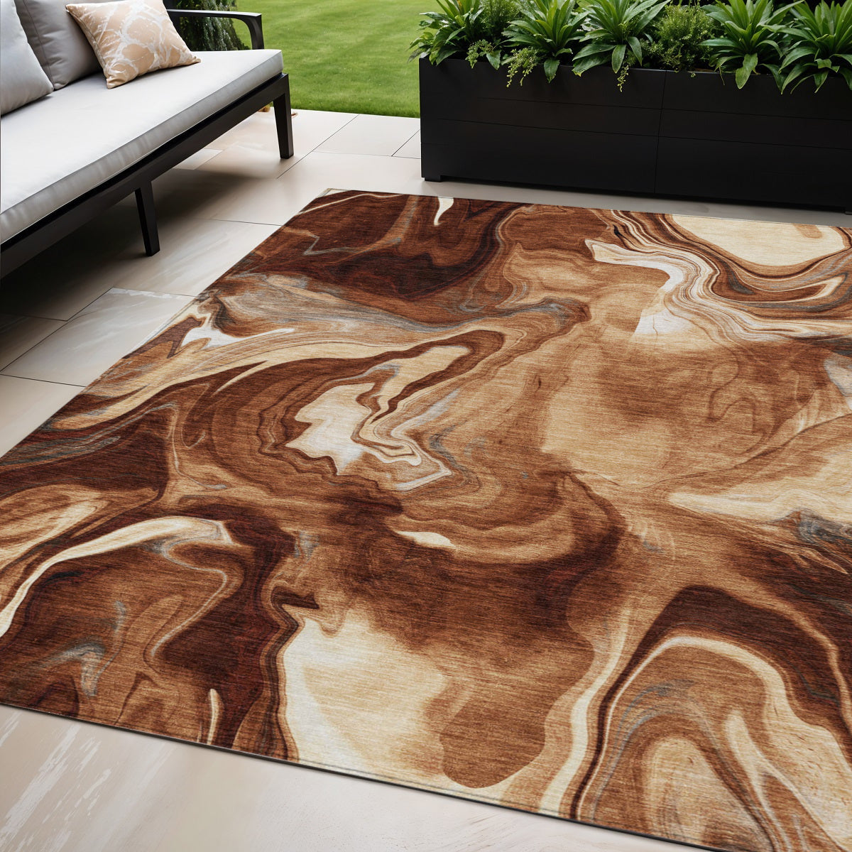 5' X 8' Orange Copper And Ivory Abstract Washable Indoor Outdoor Area Rug