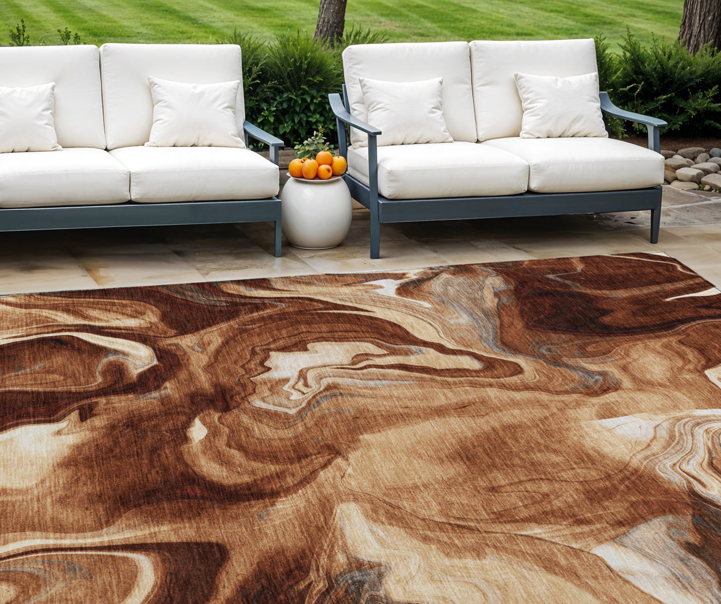 9' X 12' Orange Copper And Ivory Abstract Washable Indoor Outdoor Area Rug