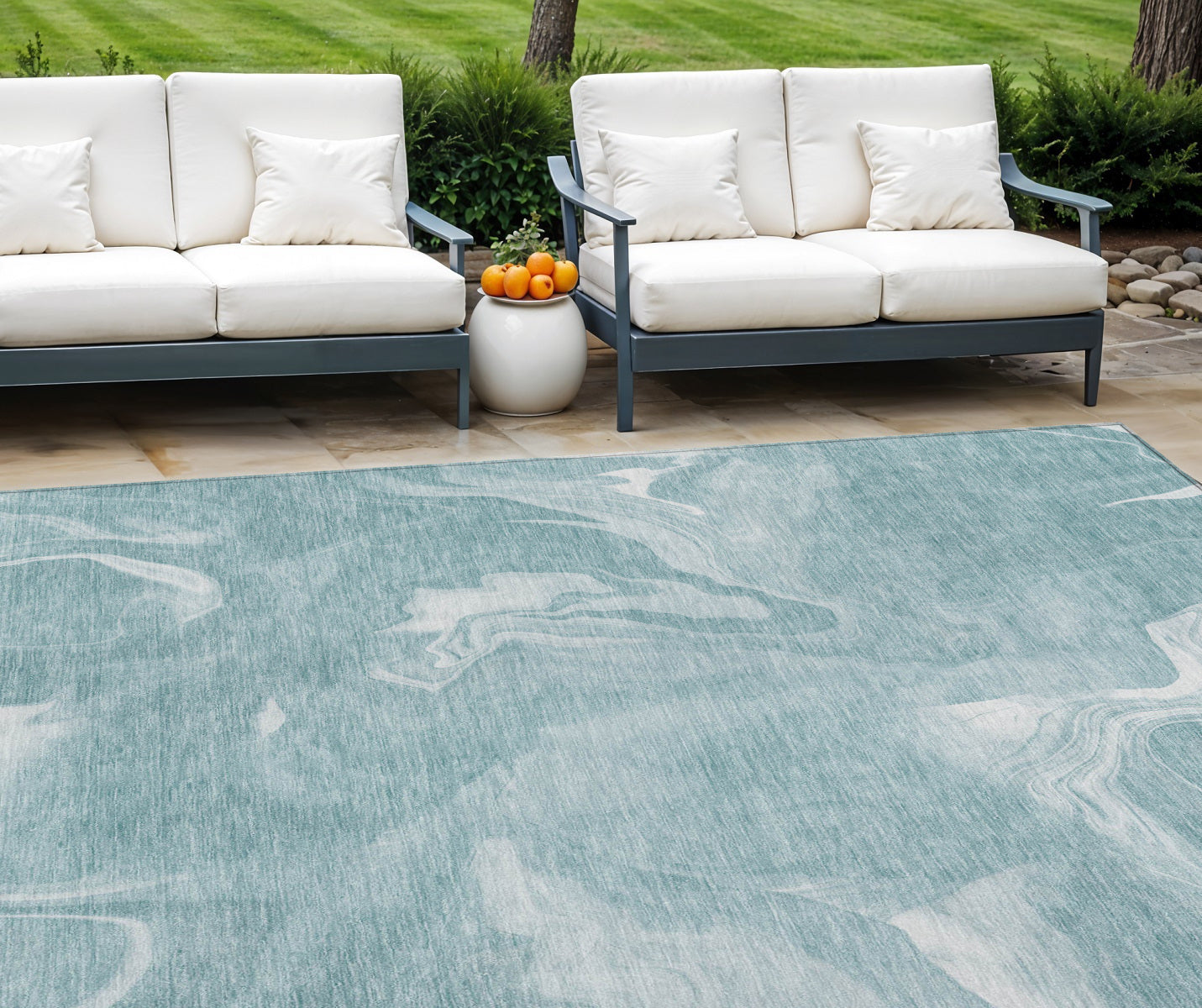 10' X 14' Teal Blue And Aqua Abstract Washable Indoor Outdoor Area Rug