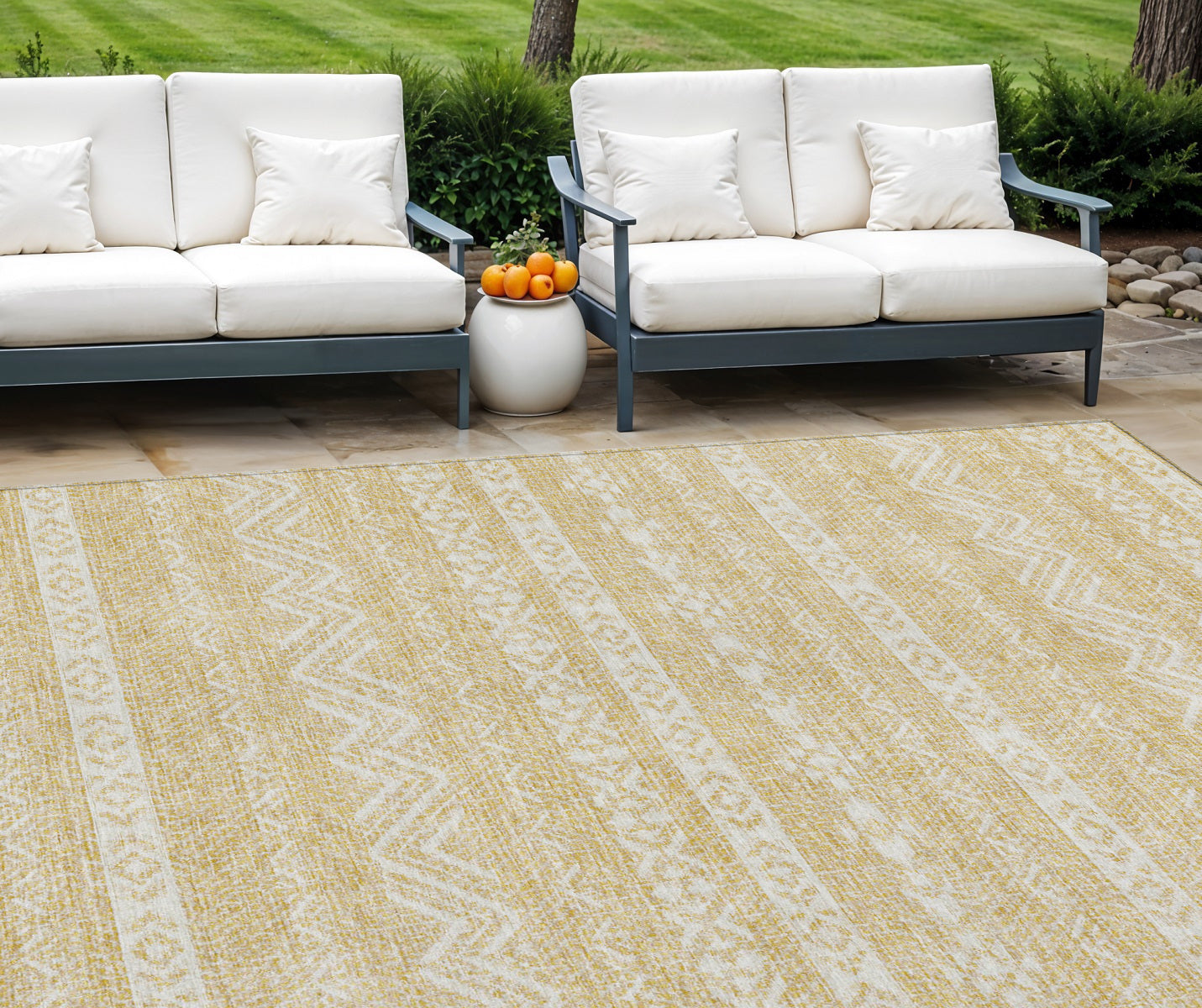 9' X 12' Gold And Beige Southwestern Washable Indoor Outdoor Area Rug