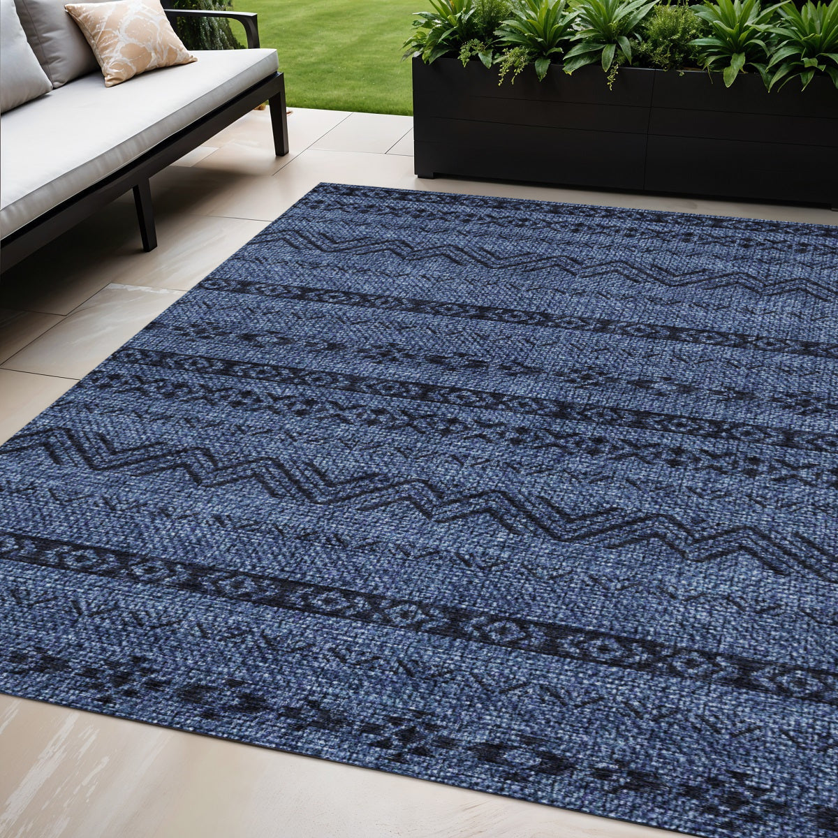 5' X 8' Navy Blue Southwestern Washable Indoor Outdoor Area Rug