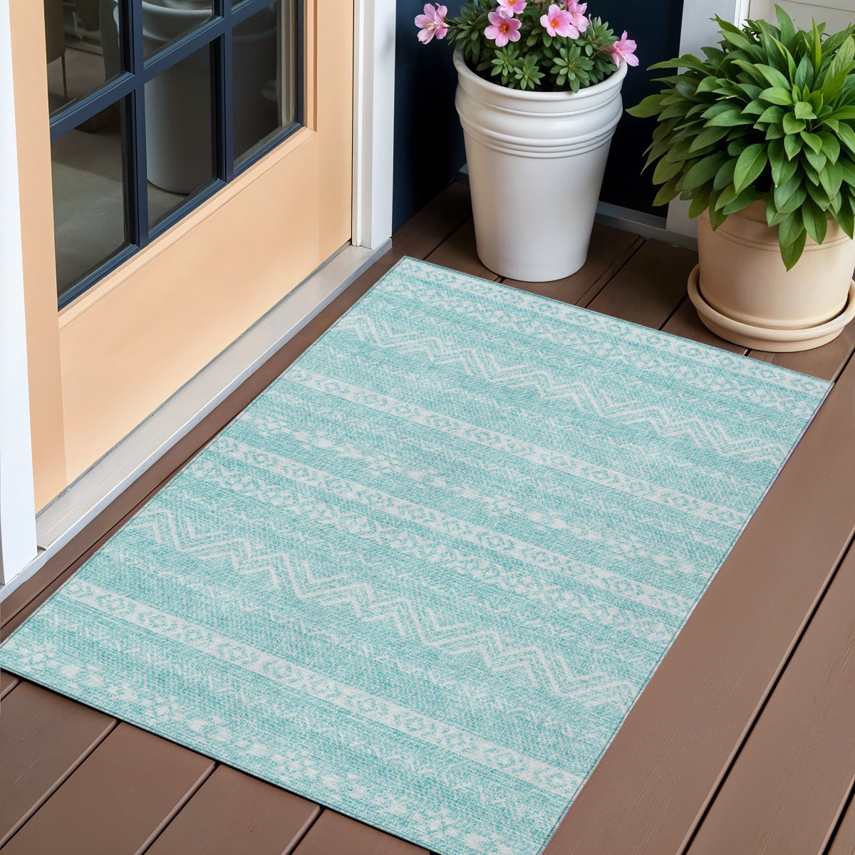 3' X 5' Teal Blue And Aqua Southwestern Washable Indoor Outdoor Area Rug