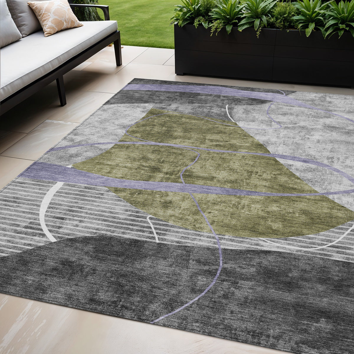 5' X 8' Olive Green Gray And Charcoal Abstract Washable Indoor Outdoor Area Rug