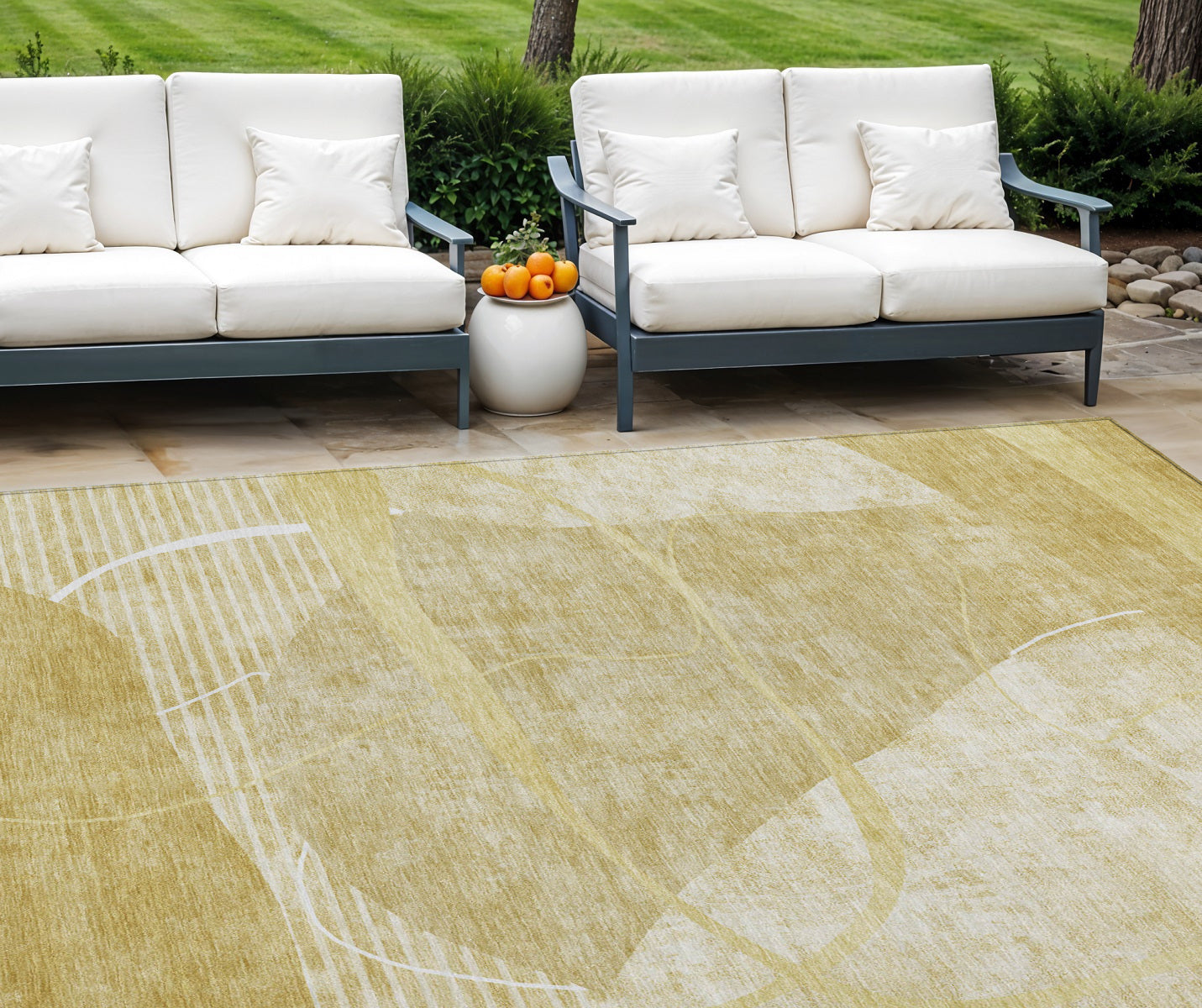 9' X 12' Wheat Gold And Ivory Abstract Washable Indoor Outdoor Area Rug