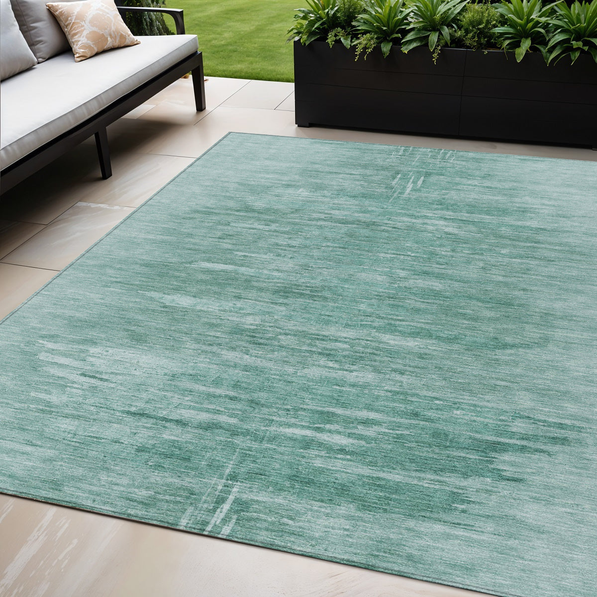 5' X 8' Aqua And Teal Blue Abstract Washable Indoor Outdoor Area Rug