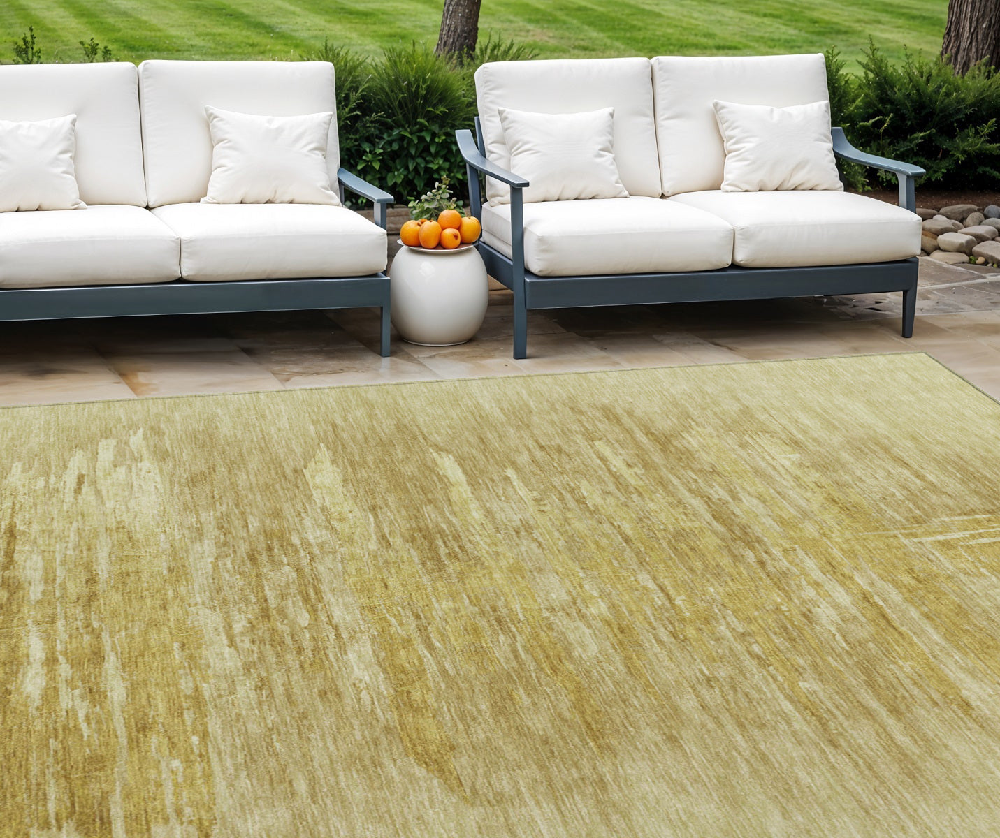 9' X 12' Gold And Wheat Abstract Washable Indoor Outdoor Area Rug