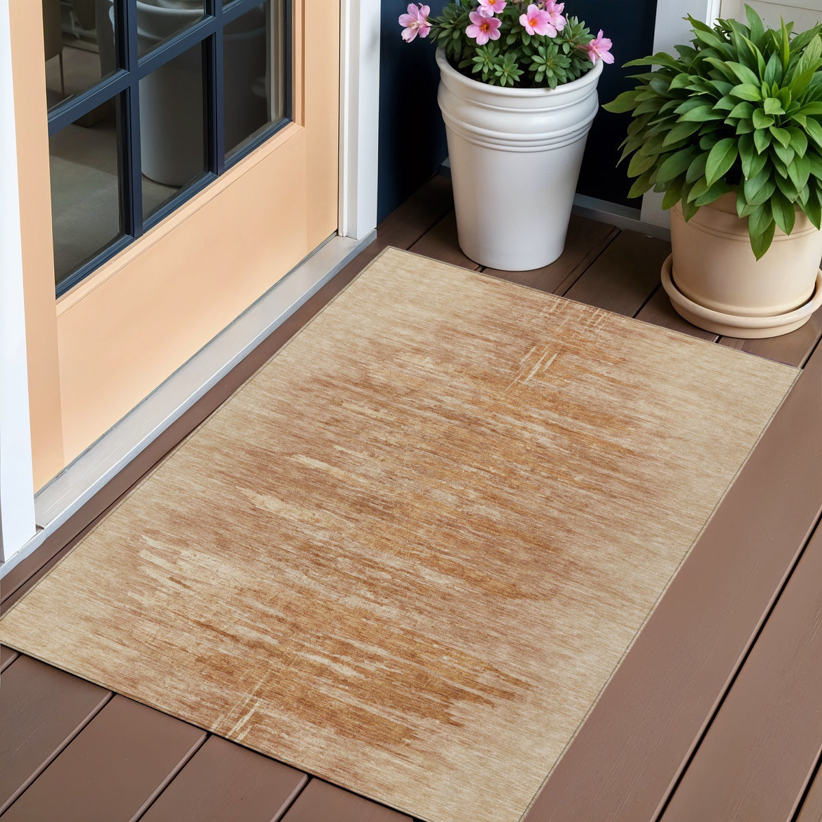 3' X 5' Salmon And Copper Abstract Washable Indoor Outdoor Area Rug