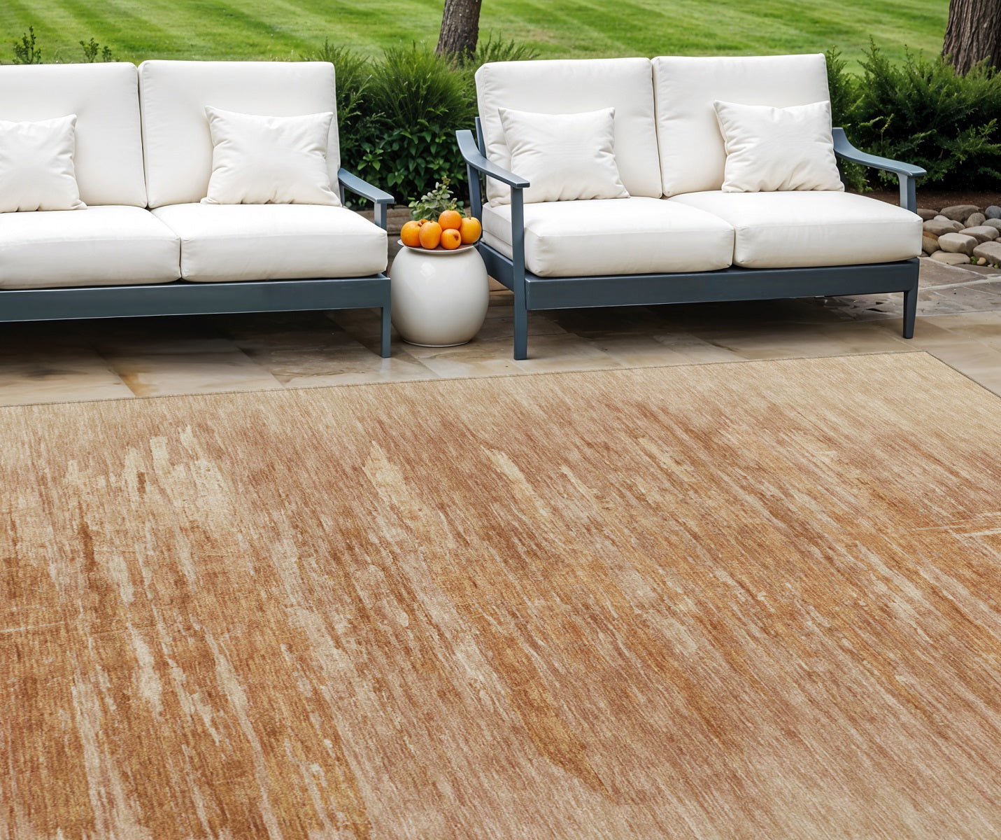 9' X 12' Salmon And Copper Abstract Washable Indoor Outdoor Area Rug