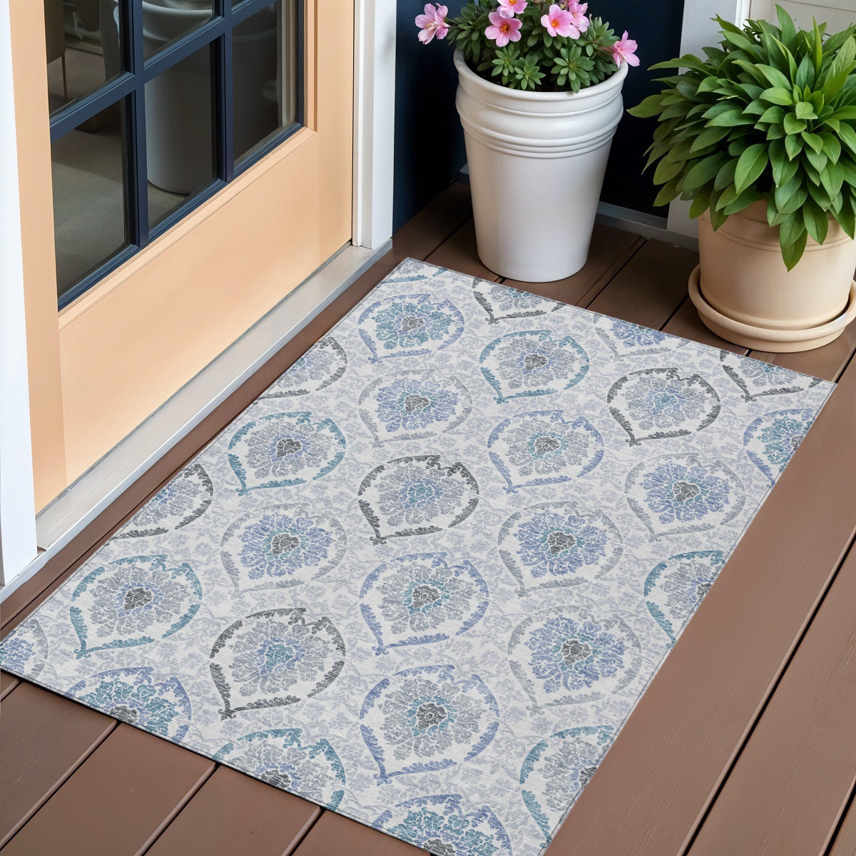 3' X 5' Gray And Denim Blue Medallion Washable Indoor Outdoor Area Rug