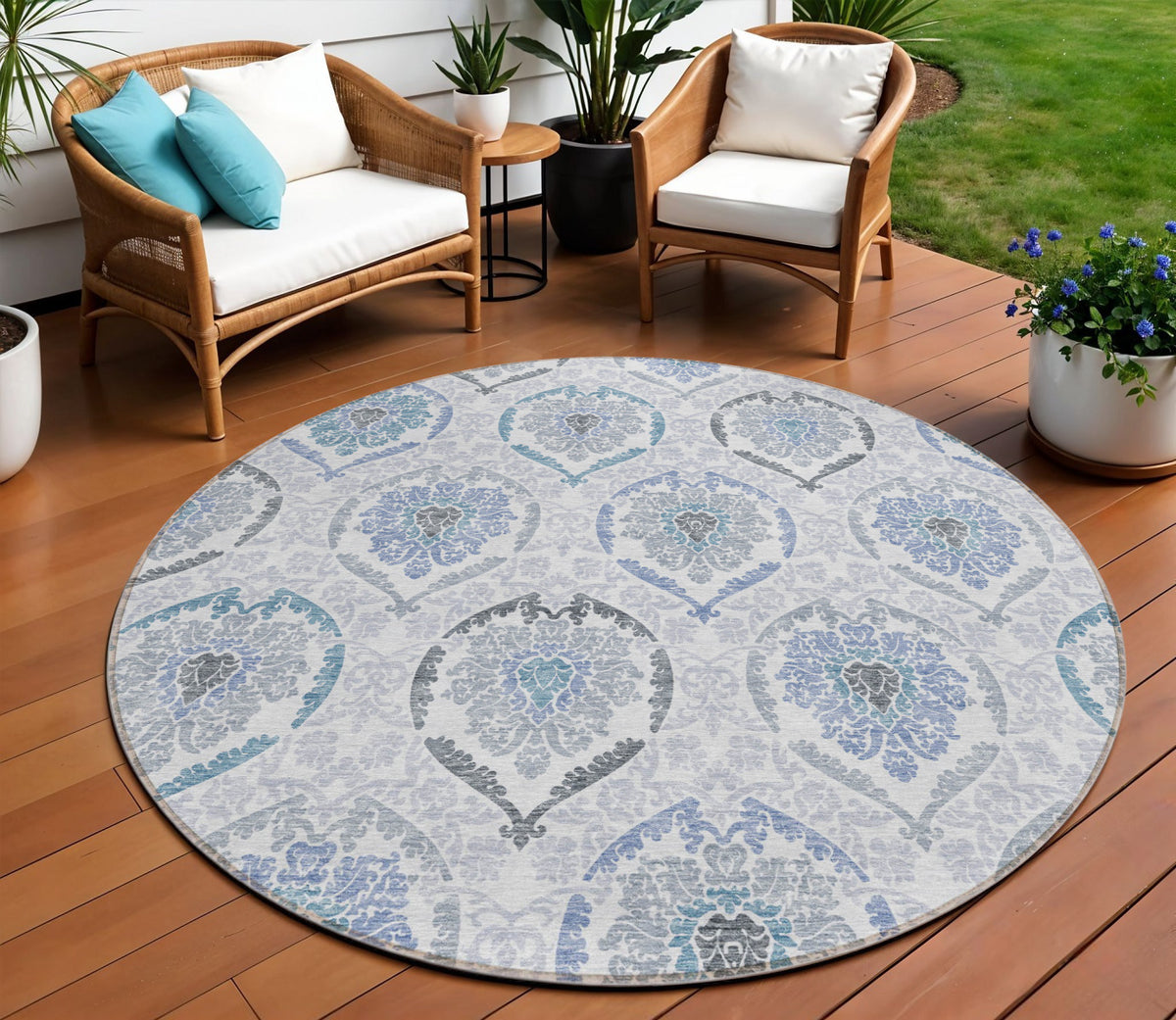 8' Gray And Denim Blue Round Medallion Washable Indoor Outdoor Area Rug