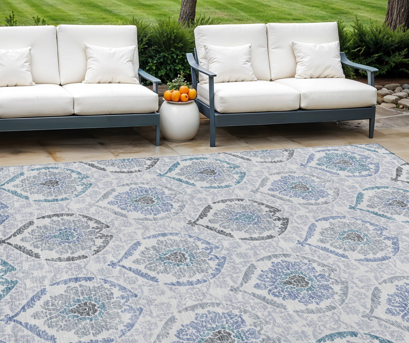 9' X 12' Gray And Denim Blue Medallion Washable Indoor Outdoor Area Rug