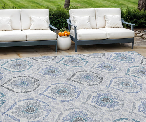 10' X 14' Gray And Denim Blue Medallion Washable Indoor Outdoor Area Rug