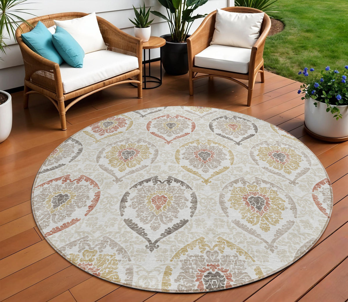 8' Ivory Gold And Taupe Round Medallion Washable Indoor Outdoor Area Rug
