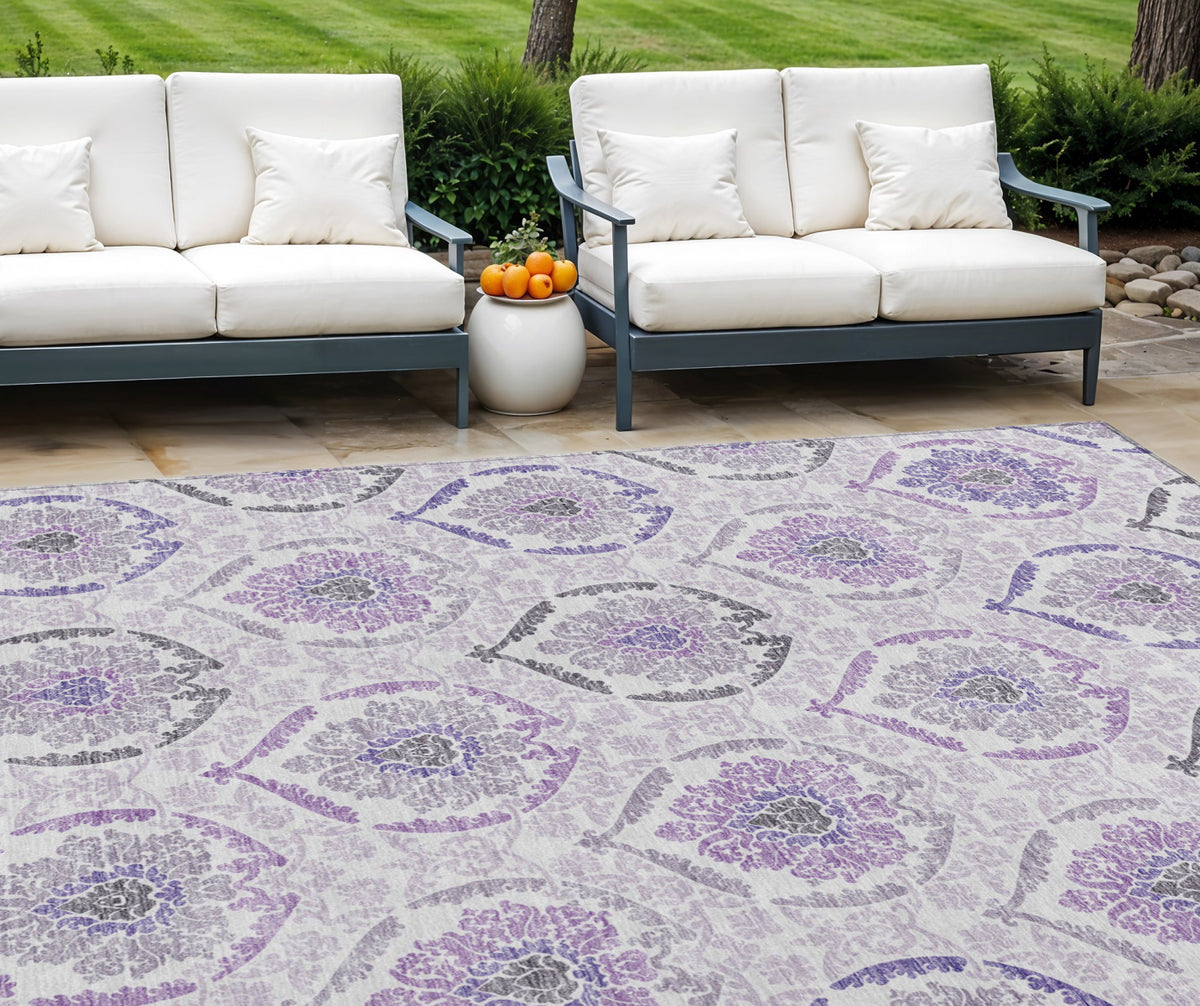 8' X 10' Purple Lavender And Gray Medallion Washable Indoor Outdoor Area Rug