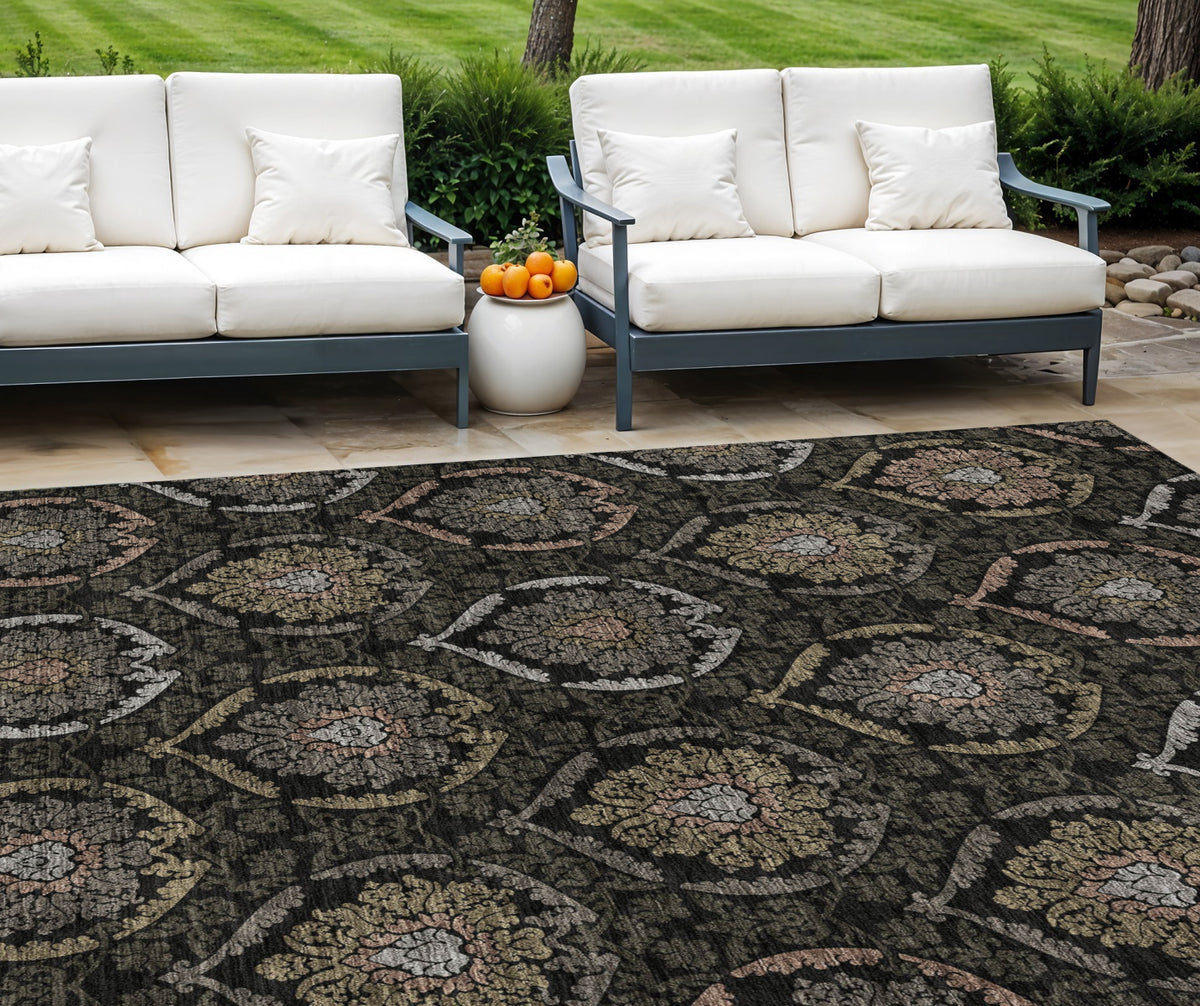 9' X 12' Black Gray And Brown Medallion Washable Indoor Outdoor Area Rug