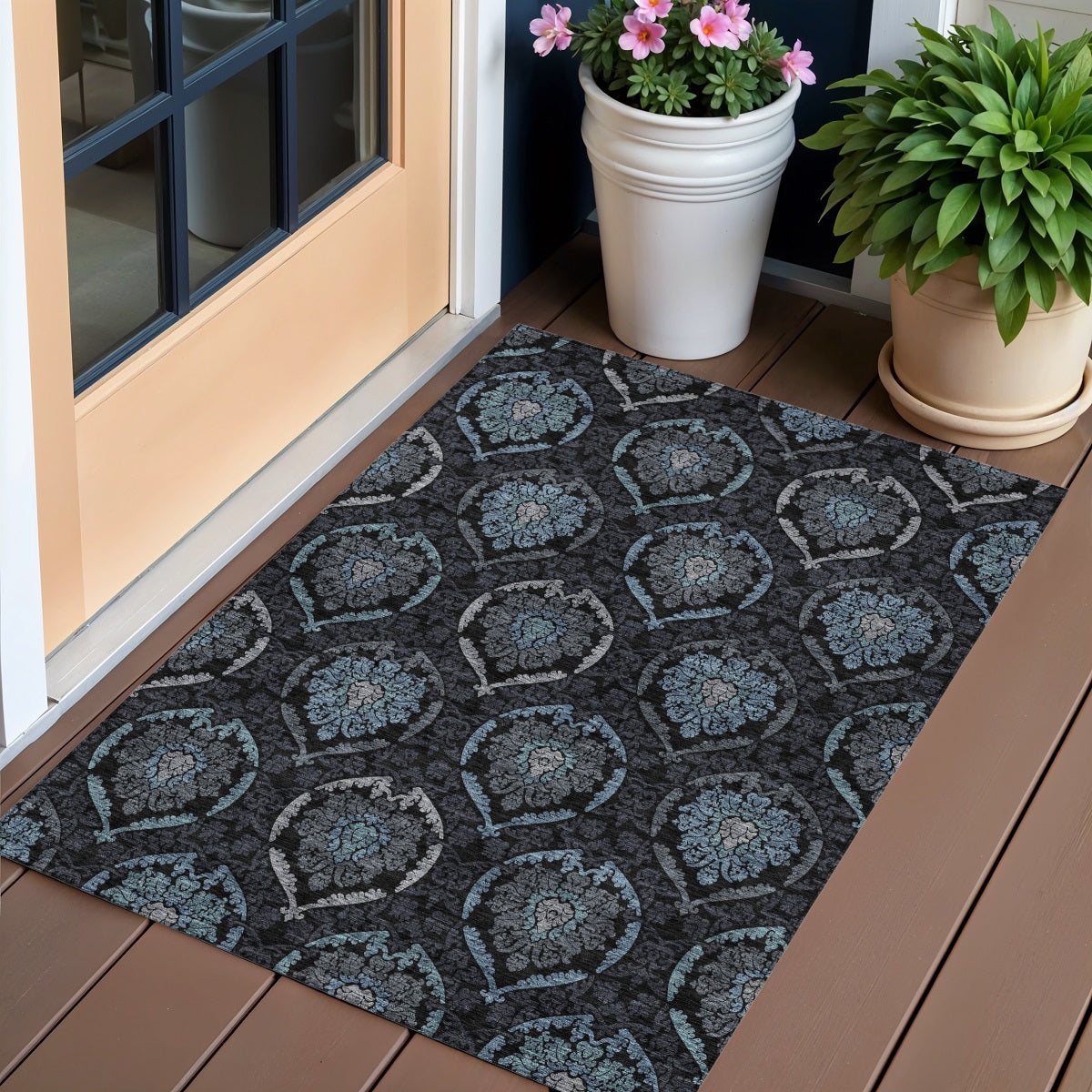 3' X 5' Blue Charcoal And Gray Medallion Washable Indoor Outdoor Area Rug