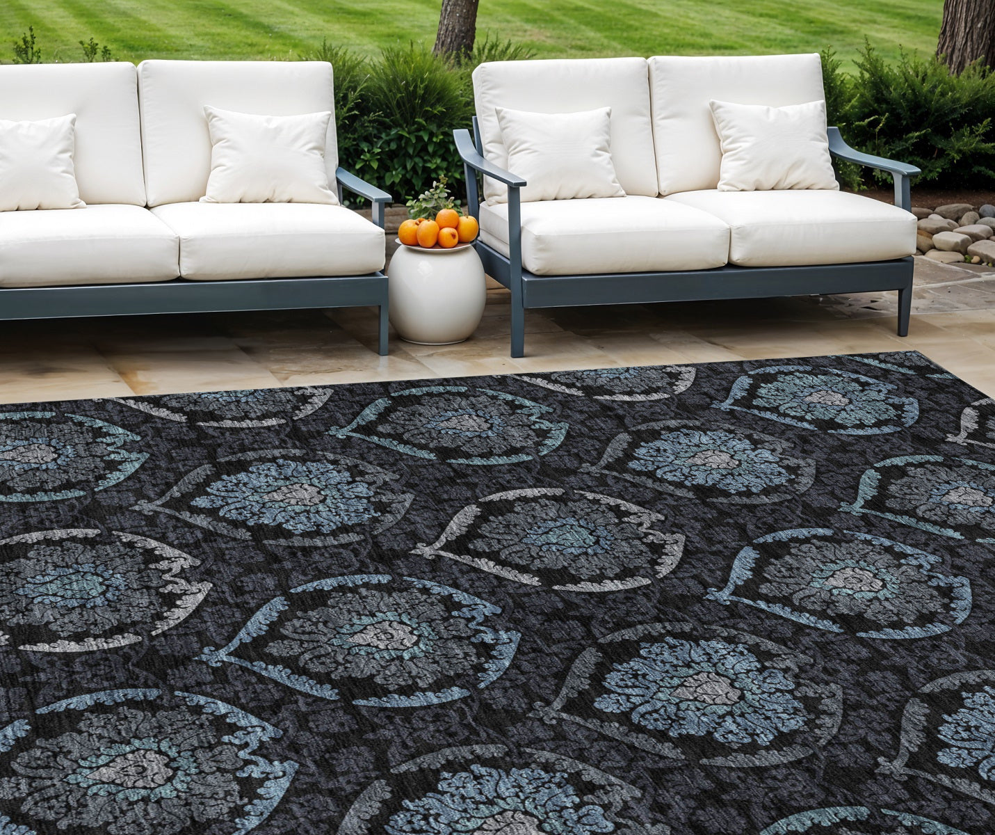 8' X 10' Blue Charcoal And Gray Medallion Washable Indoor Outdoor Area Rug