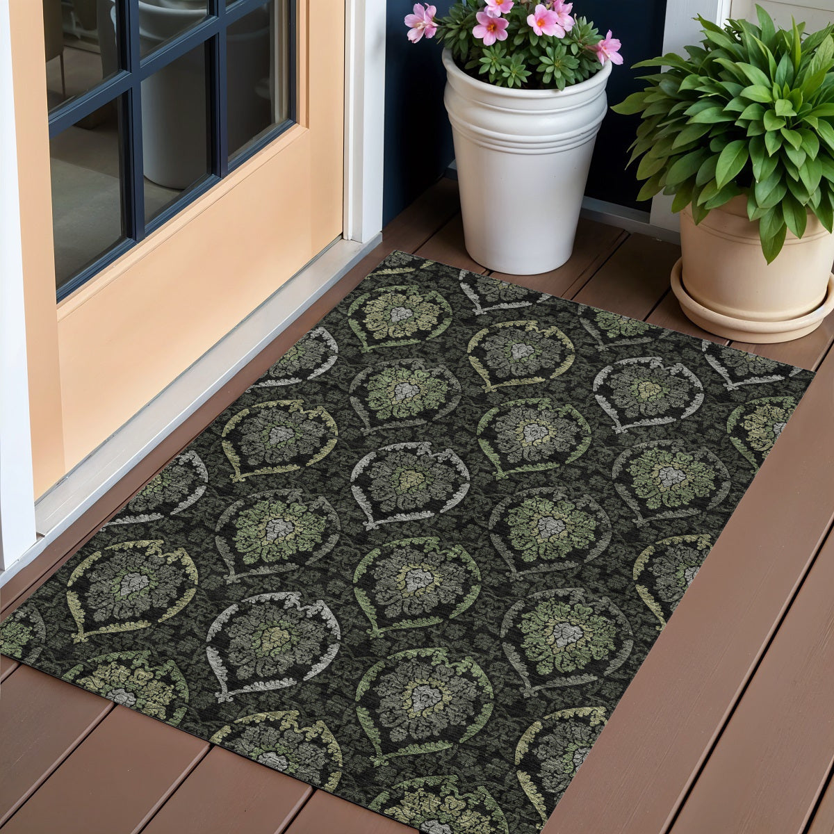 3' X 5' Green Gray And Charcoal Medallion Washable Indoor Outdoor Area Rug