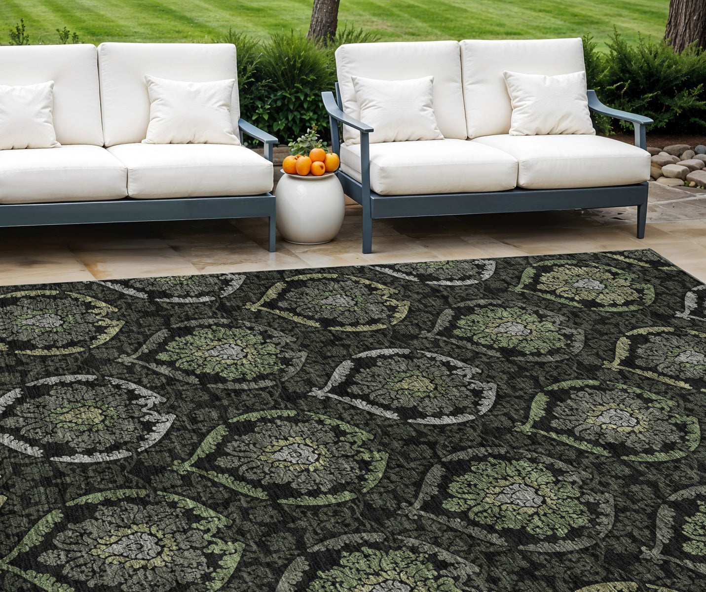 9' X 12' Green Gray And Charcoal Medallion Washable Indoor Outdoor Area Rug