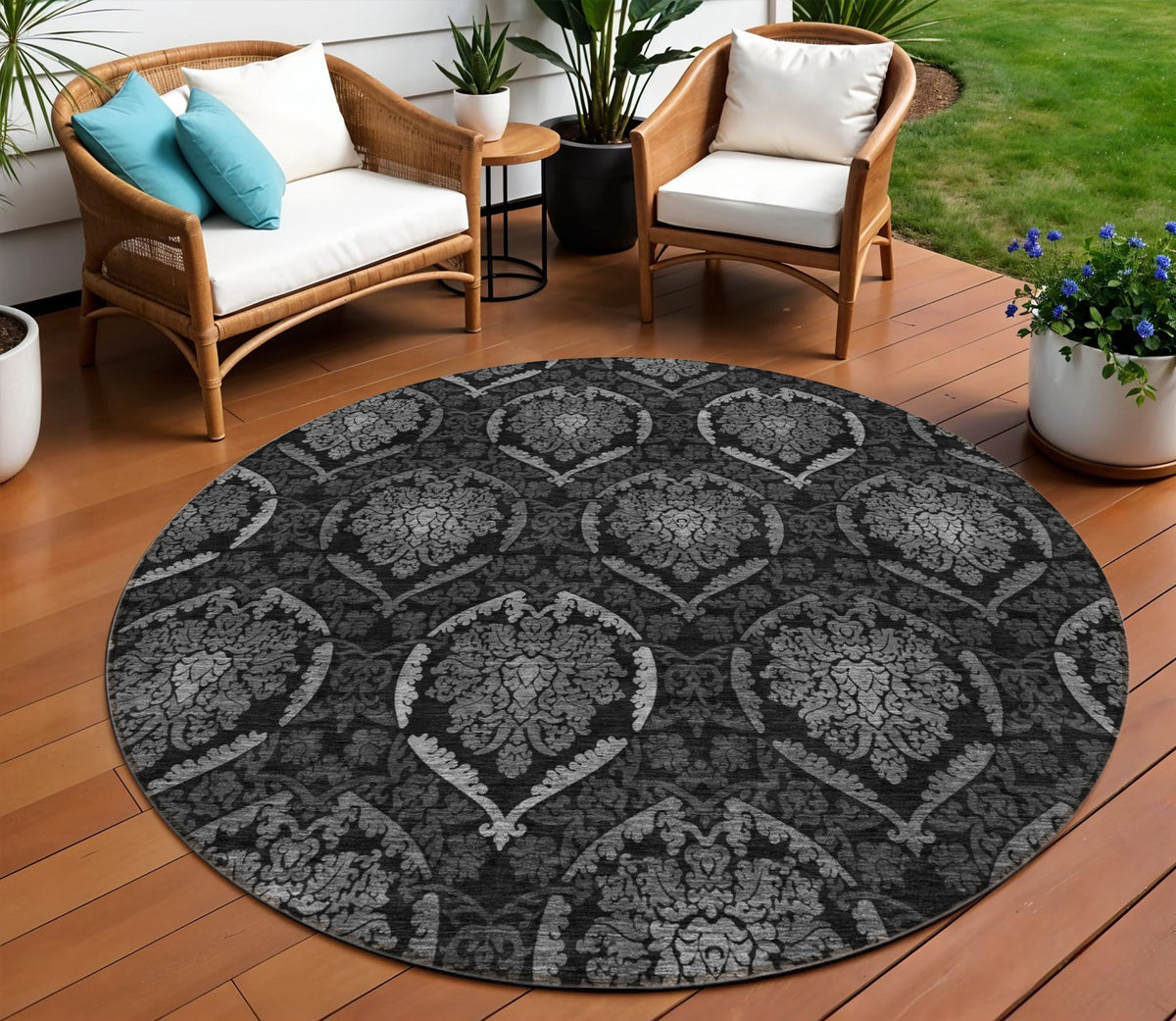8' Gray Charcoal And Silver Round Medallion Washable Indoor Outdoor Area Rug