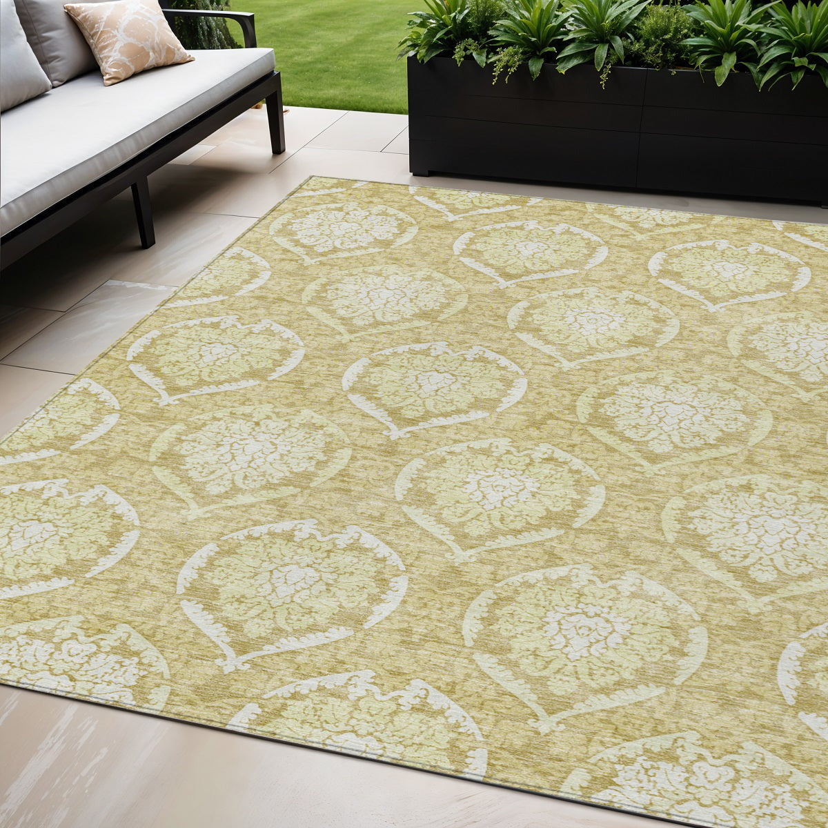 5' X 8' Gold Wheat And Ivory Medallion Washable Indoor Outdoor Area Rug