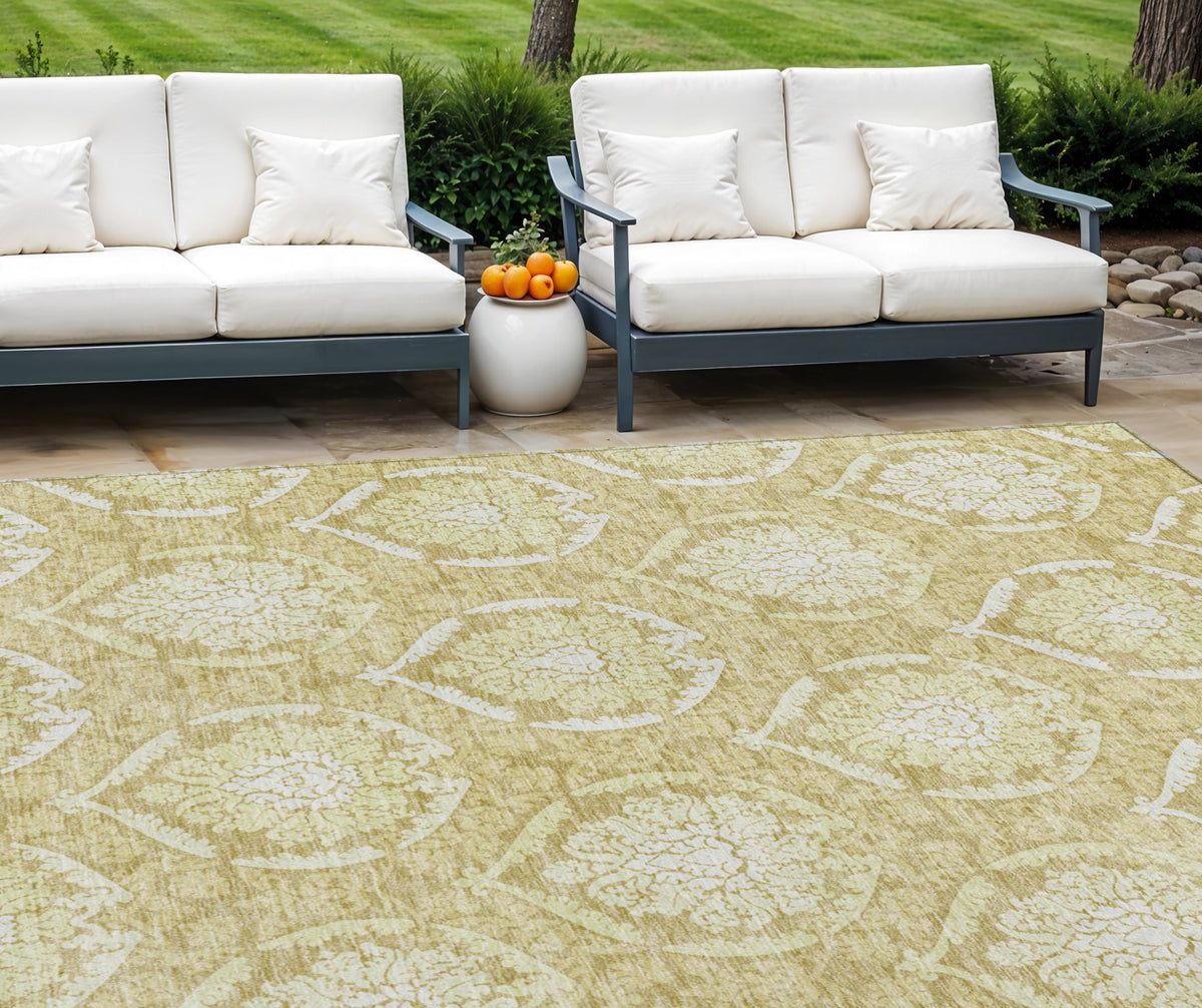 10' X 14' Gold Wheat And Ivory Medallion Washable Indoor Outdoor Area Rug