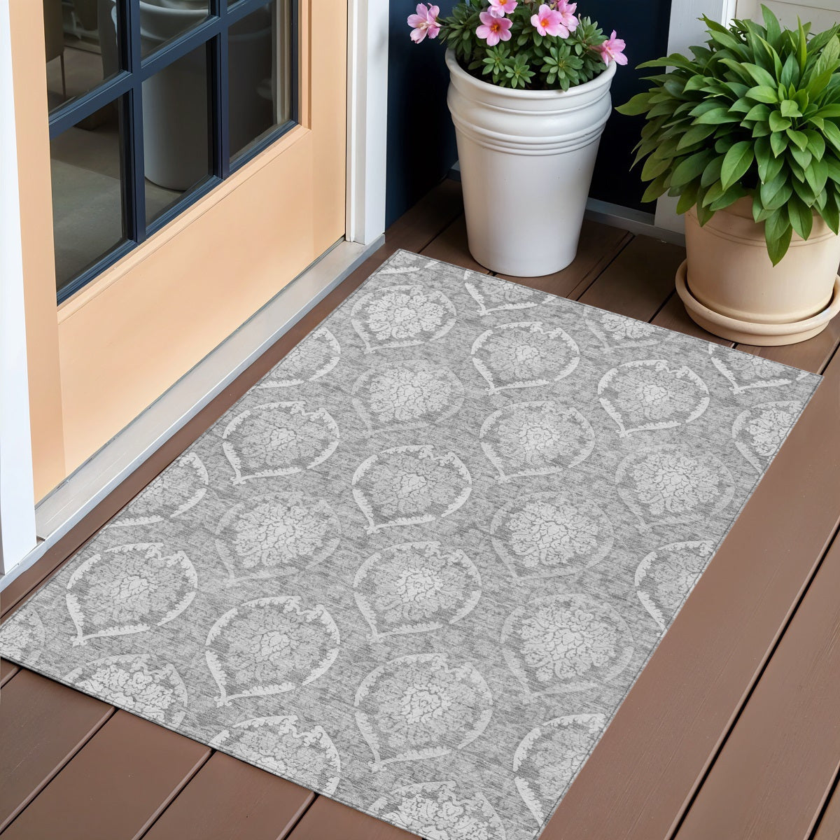 3' X 5' Gray And Silver Medallion Washable Indoor Outdoor Area Rug