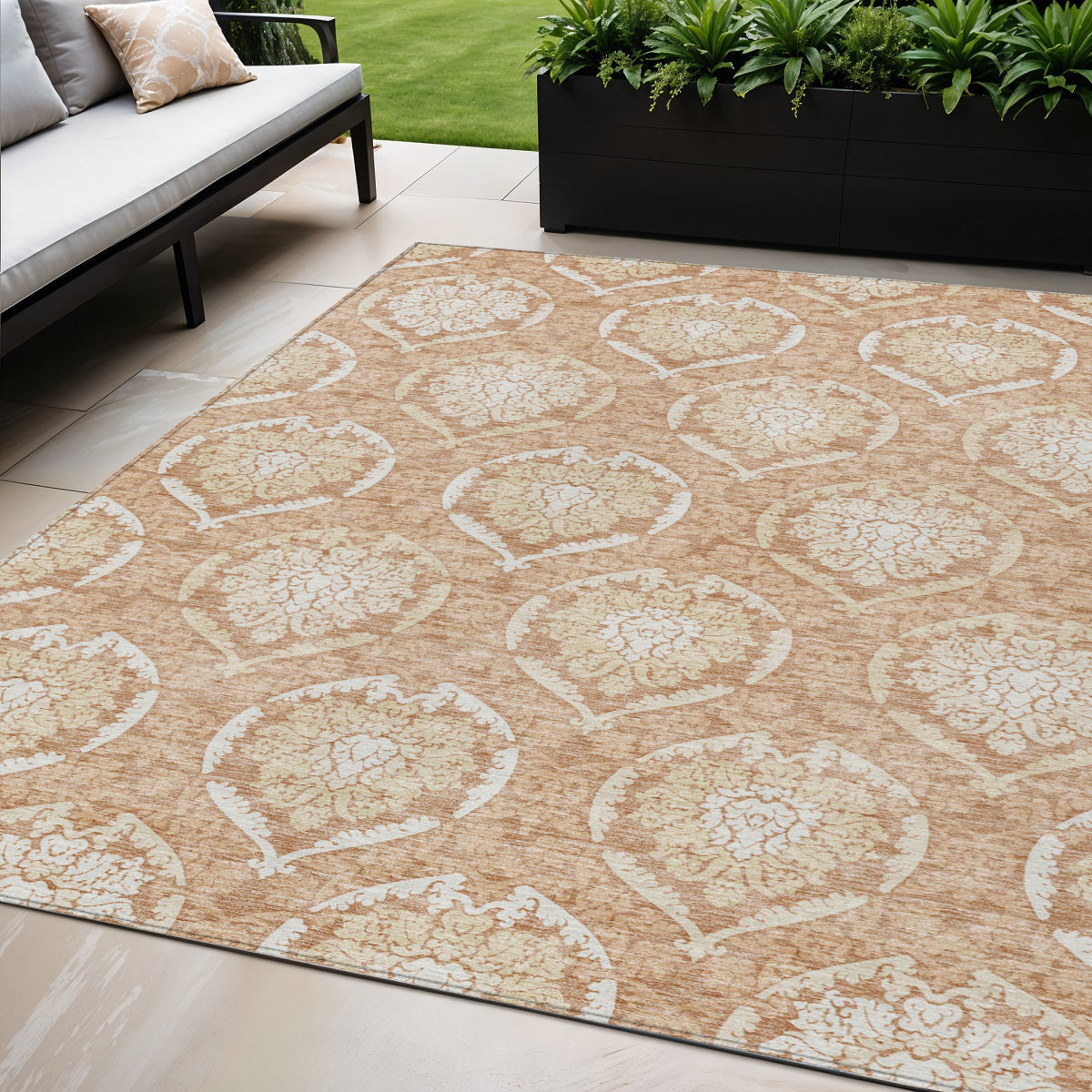 5' X 8' Salmon Copper And Ivory Medallion Washable Indoor Outdoor Area Rug