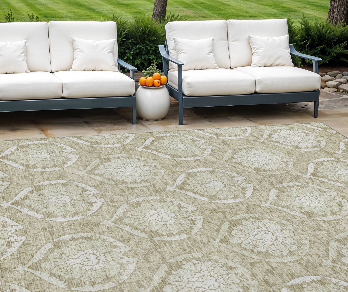 9' X 12' Tan And Beige Medallion Washable Indoor Outdoor Area Rug