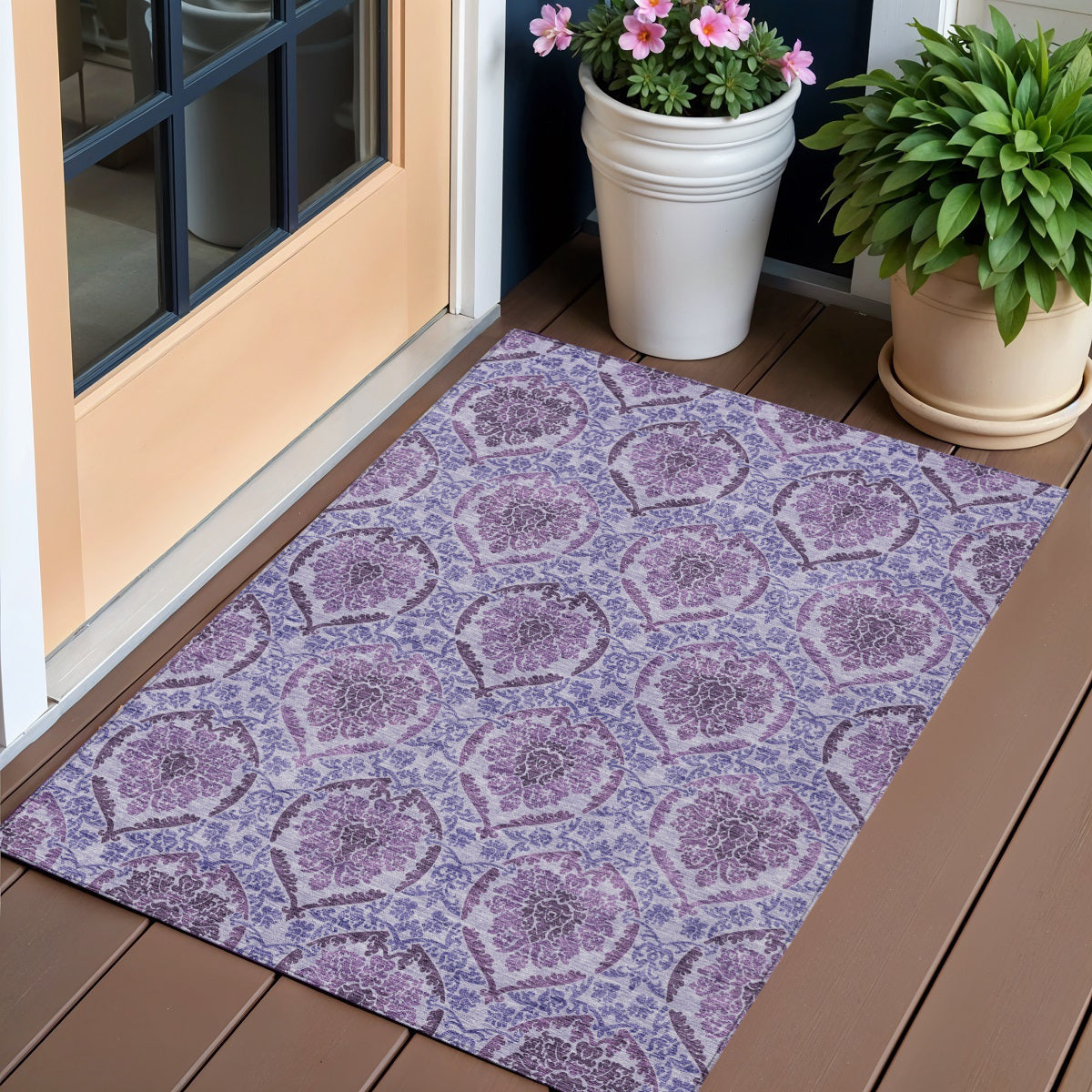 3' X 5' Eggplant Purple And Silver Medallion Washable Indoor Outdoor Area Rug