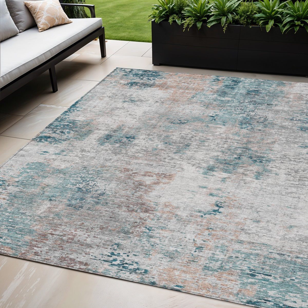5' X 8' Teal Blue Beige And Copper Abstract Washable Indoor Outdoor Area Rug
