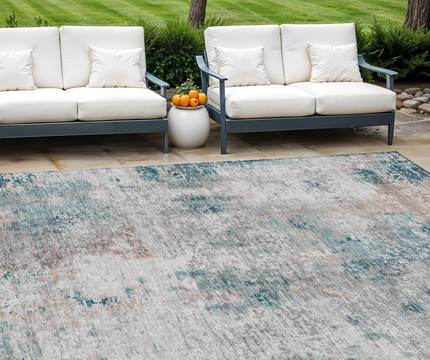 9' X 12' Teal Blue Beige And Copper Abstract Washable Indoor Outdoor Area Rug