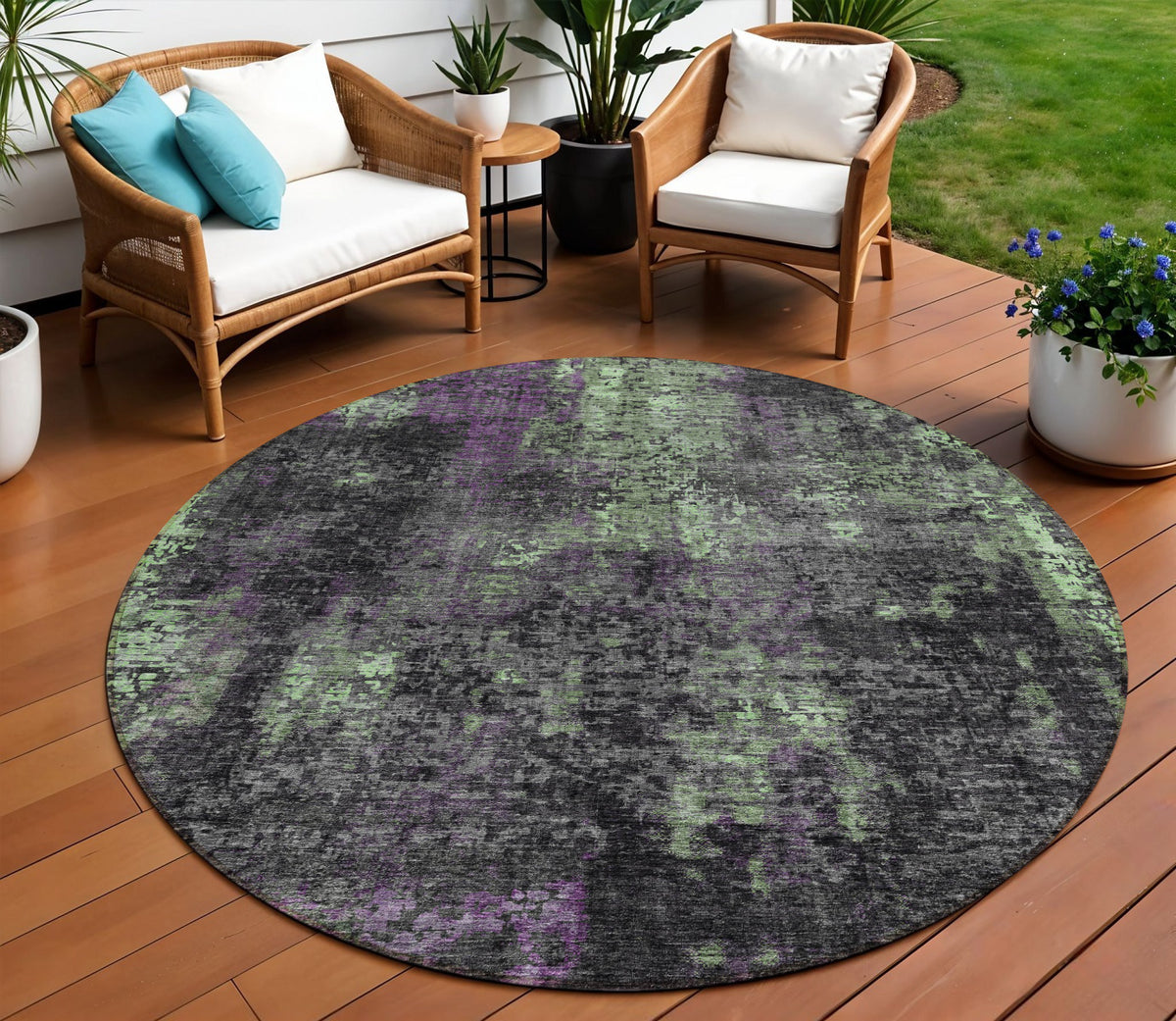8' Gray Purple And Charcoal Round Abstract Washable Indoor Outdoor Area Rug