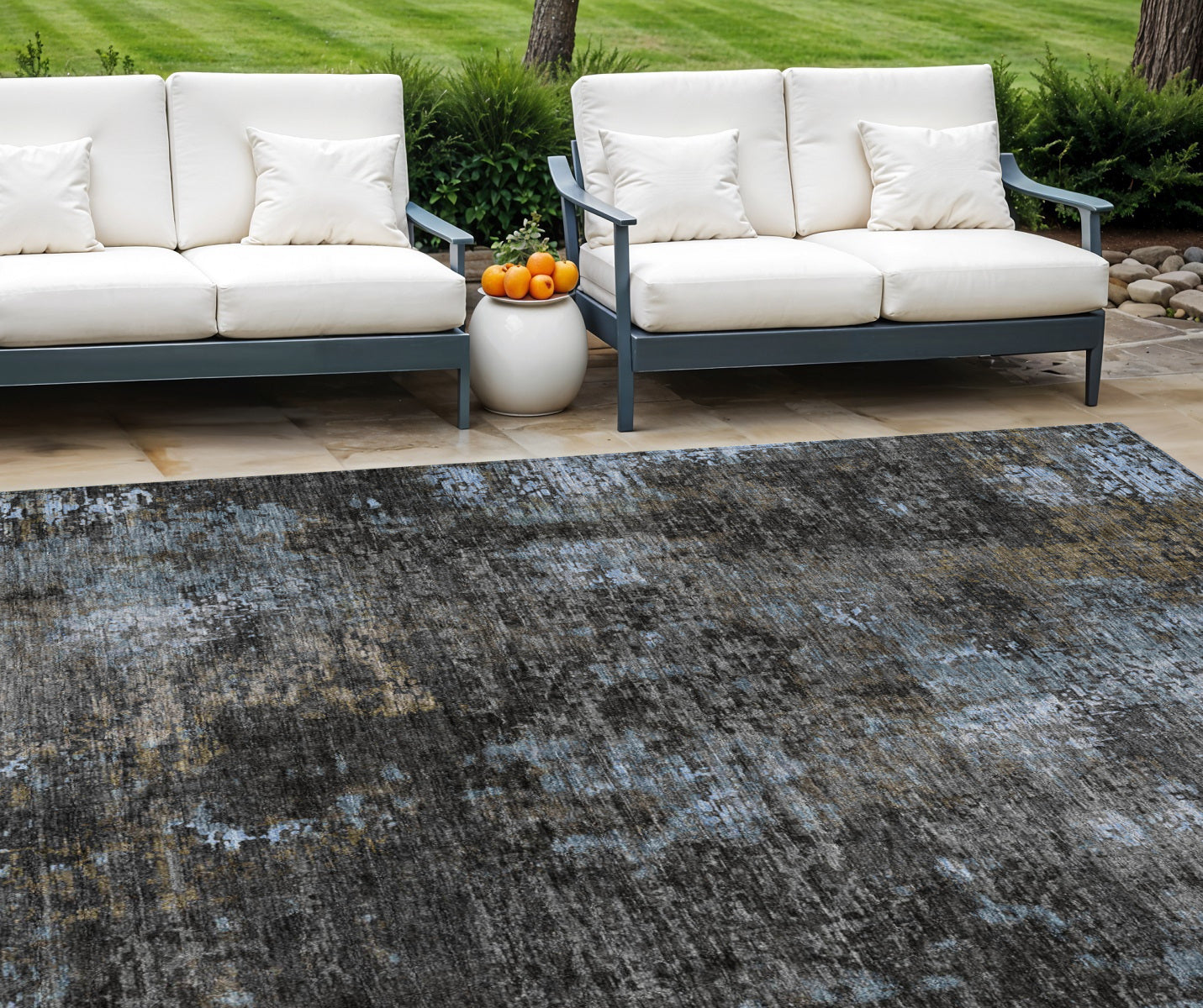 9' X 12' Graphite Charcoal And Silver Abstract Washable Indoor Outdoor Area Rug