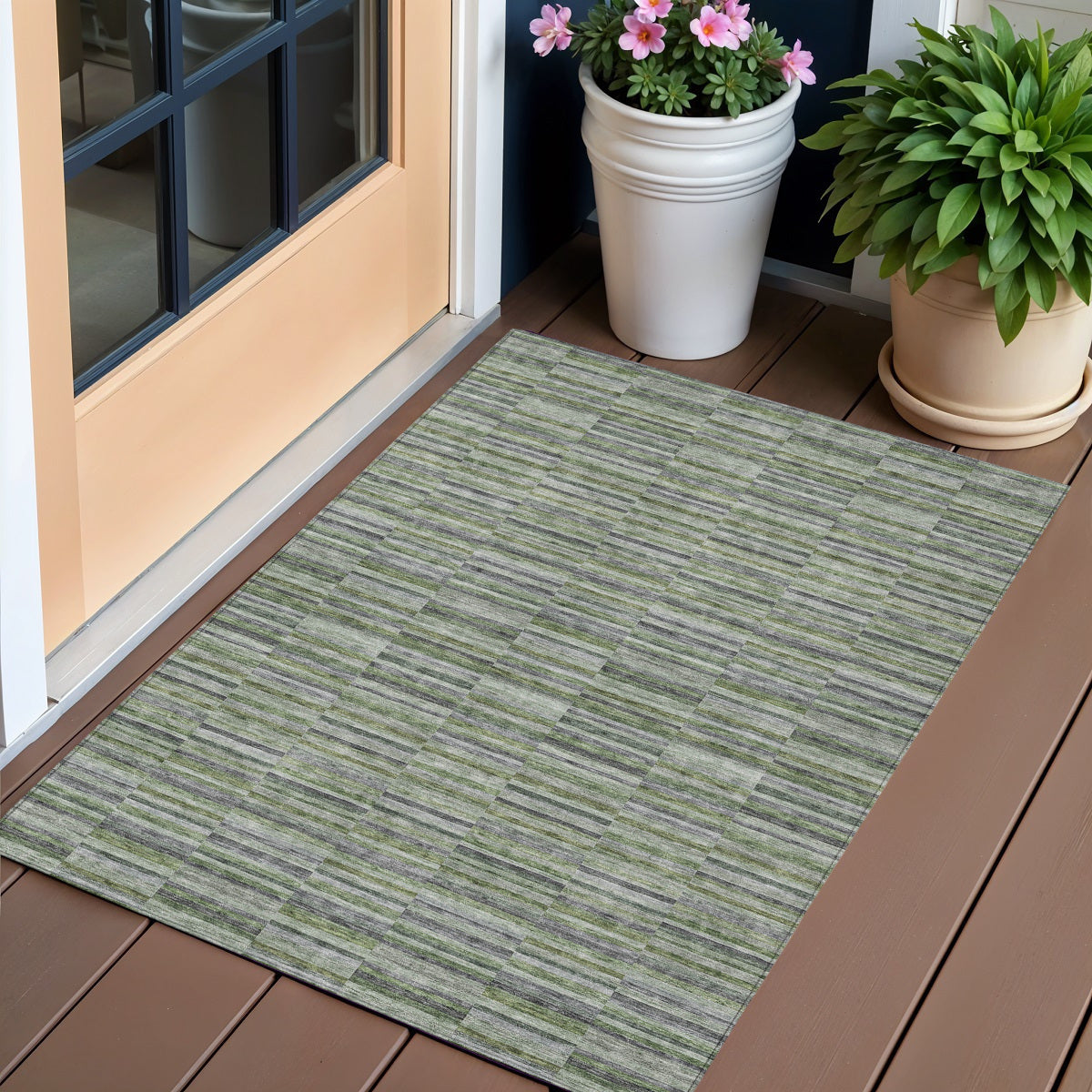 3' X 5' Olive Green And Gray Striped Washable Indoor Outdoor Area Rug
