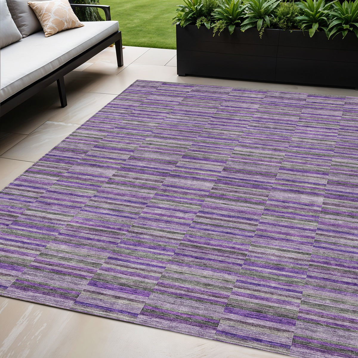 5' X 8' Purple And Lavender Striped Washable Indoor Outdoor Area Rug
