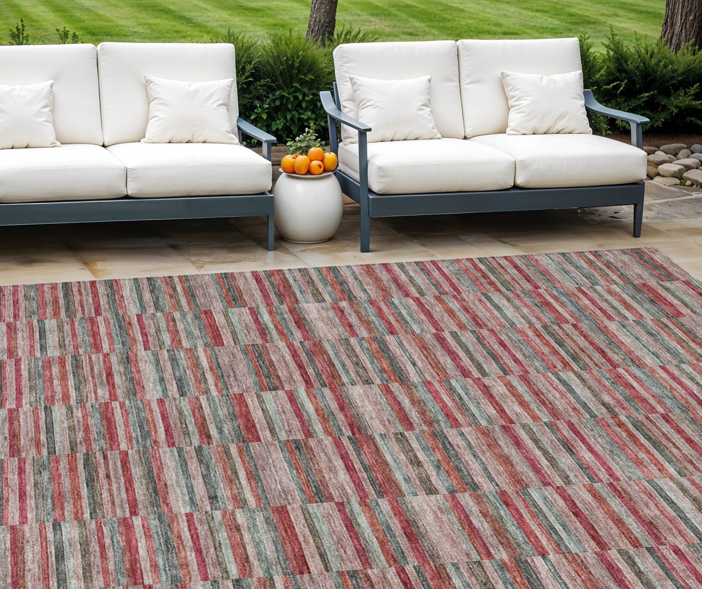 10' X 14' Red Beige And Copper Striped Washable Indoor Outdoor Area Rug