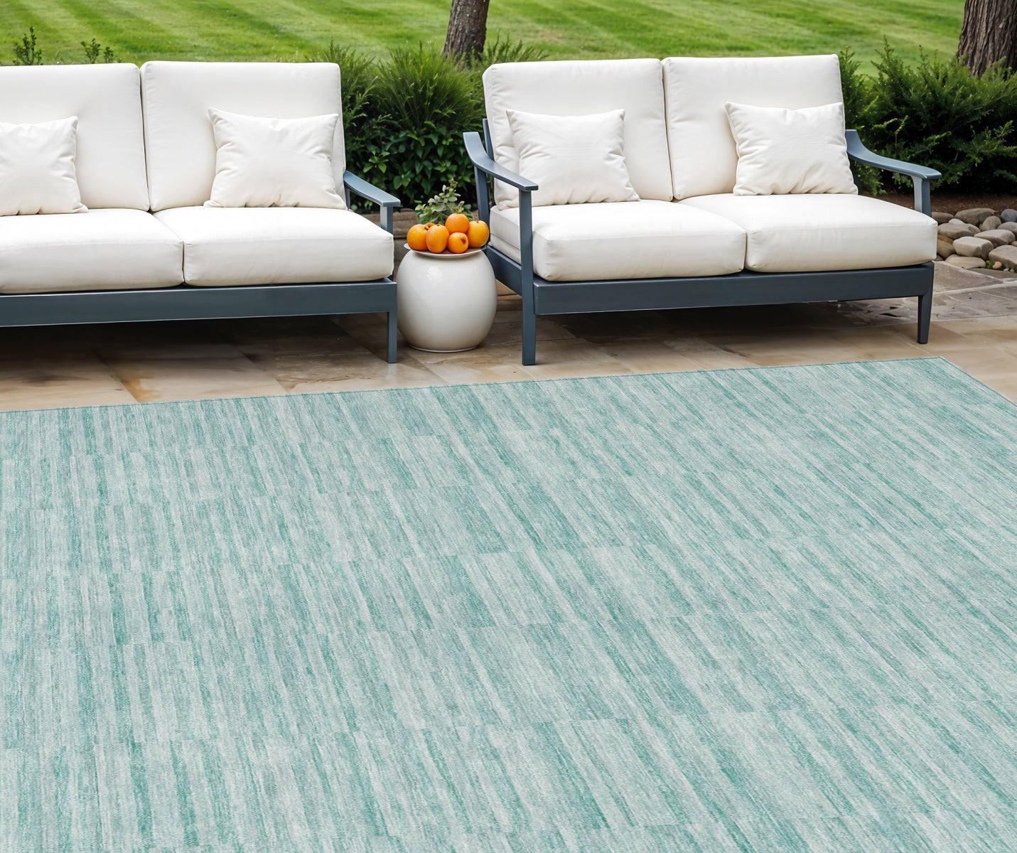 9' X 12' Turquoise Teal Blue And Gray Striped Washable Indoor Outdoor Area Rug