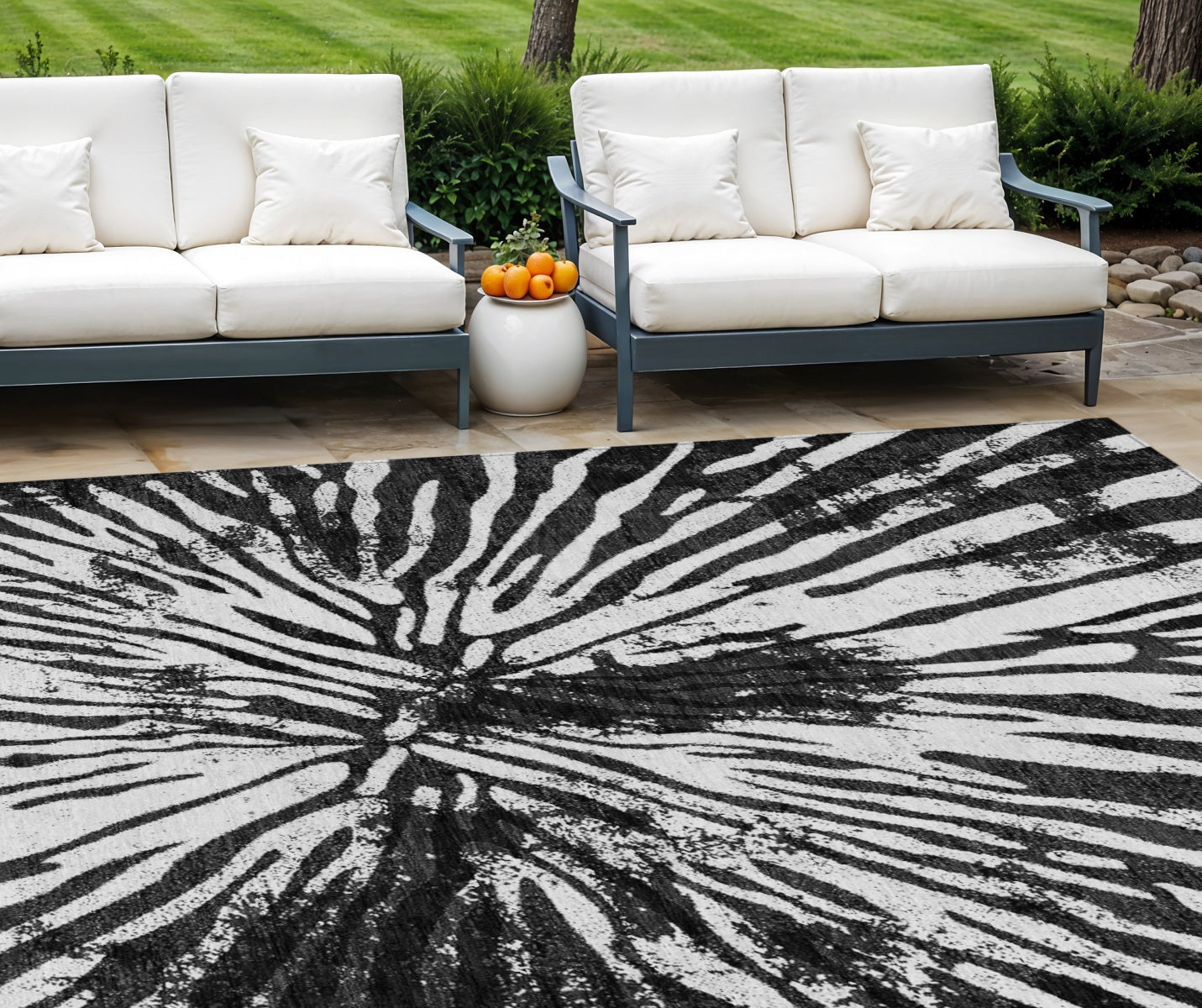 9' X 12' Black Charcoal And Ivory Abstract Washable Indoor Outdoor Area Rug
