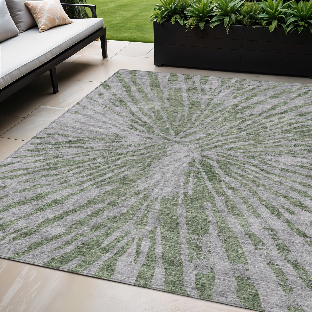 5' X 8' Olive Green Gray And Silver Abstract Washable Indoor Outdoor Area Rug