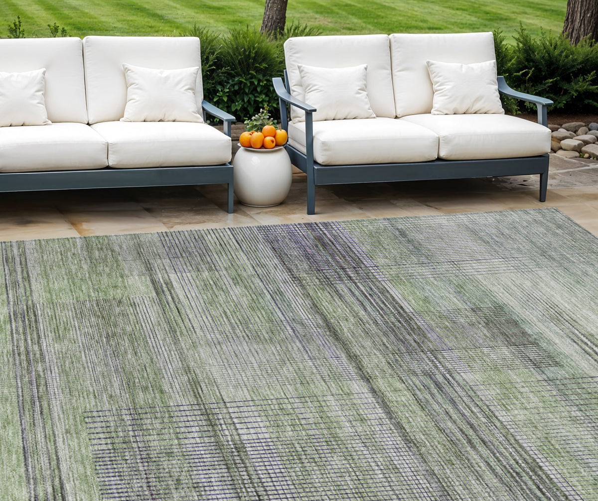 9' X 12' Artichoke Green Purple And Fern Green Striped Washable Indoor Outdoor Area Rug