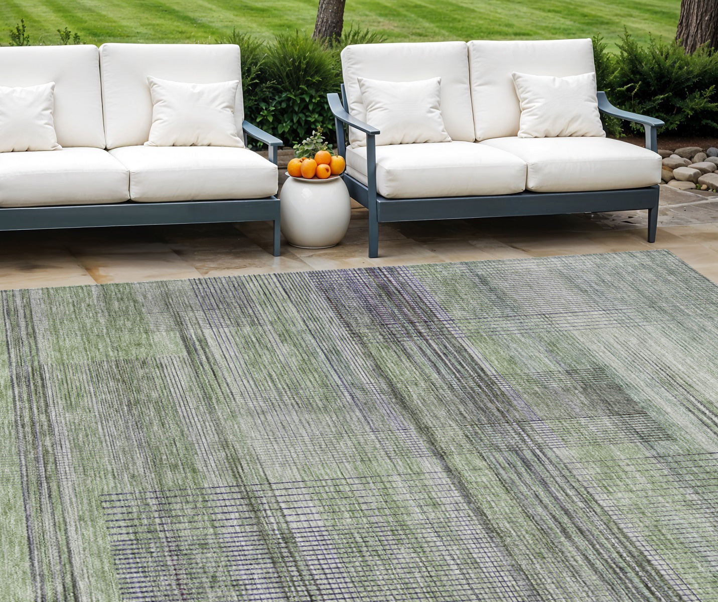 10' X 14' Artichoke Green Purple And Fern Green Striped Washable Indoor Outdoor Area Rug