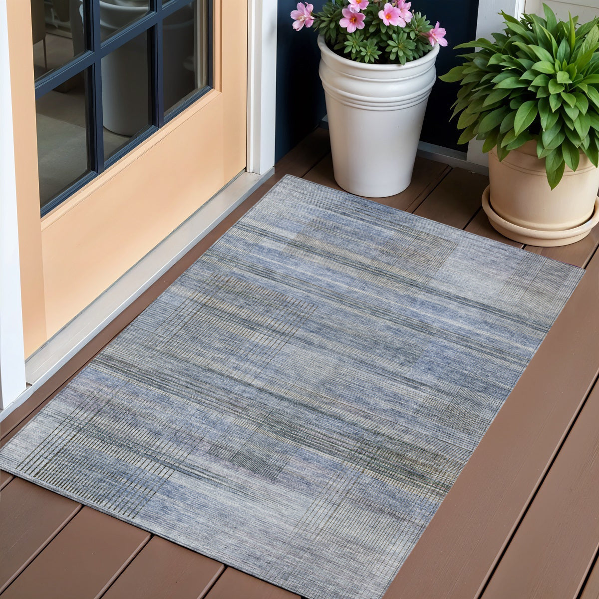 3' X 5' Denim Blue And Sky Blue Striped Washable Indoor Outdoor Area Rug