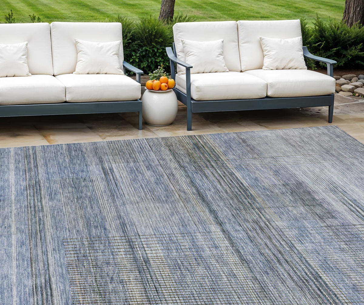 10' X 14' Denim Blue And Sky Blue Striped Washable Indoor Outdoor Area Rug