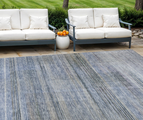 10' X 14' Denim Blue And Sky Blue Striped Washable Indoor Outdoor Area Rug