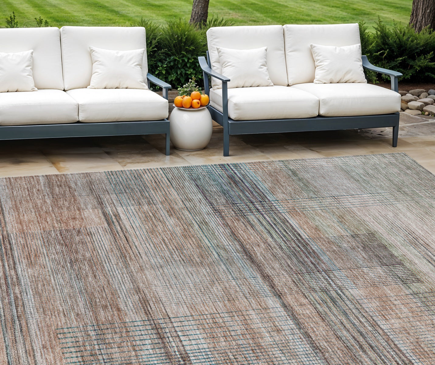 9' X 12' Copper Gray And Blue Striped Washable Indoor Outdoor Area Rug